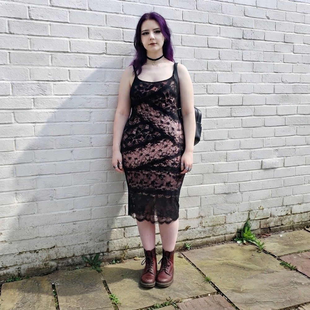 Lace Overlay Slip Dress S Black Pink Tiered Goth Whimsigoth Romantic Grunge Vamp